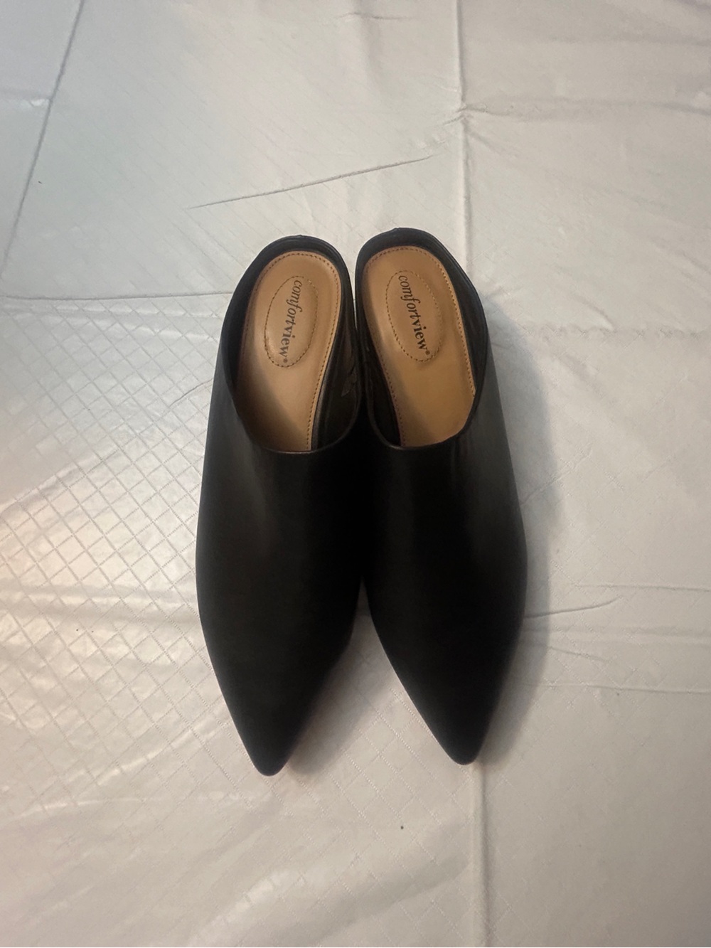Comfortview Black Pointed Toe Slip-On Mules Tan Insole Sz 11 Like New